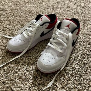 White and Red Sneakers with Black Accents